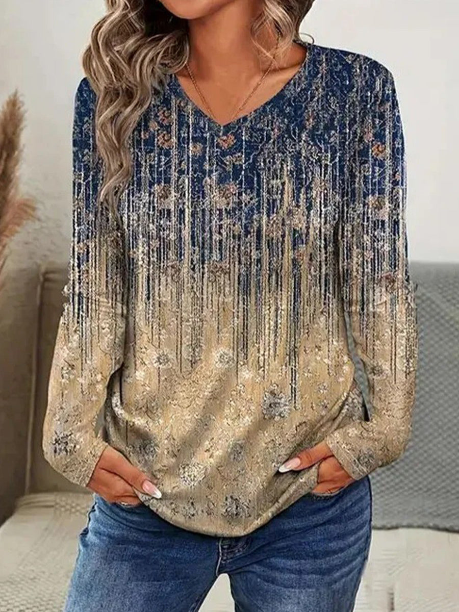 Retro Abstract Print V-neck Long Sleeve Top