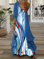 Women's Long Sleeve V-neck Graphic Printed Two Pieces Maxi Dress