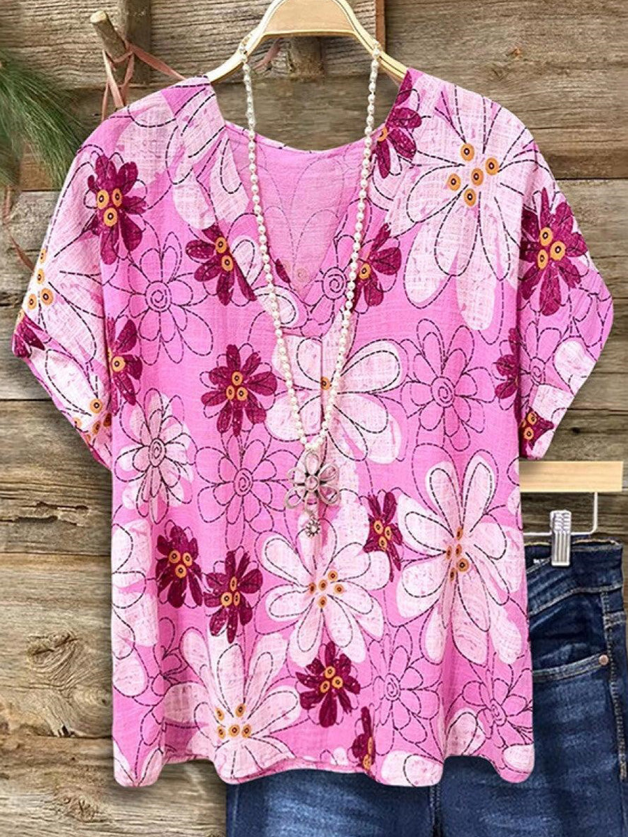 Sweet Floral Print V-Neck Short SLeeve Top