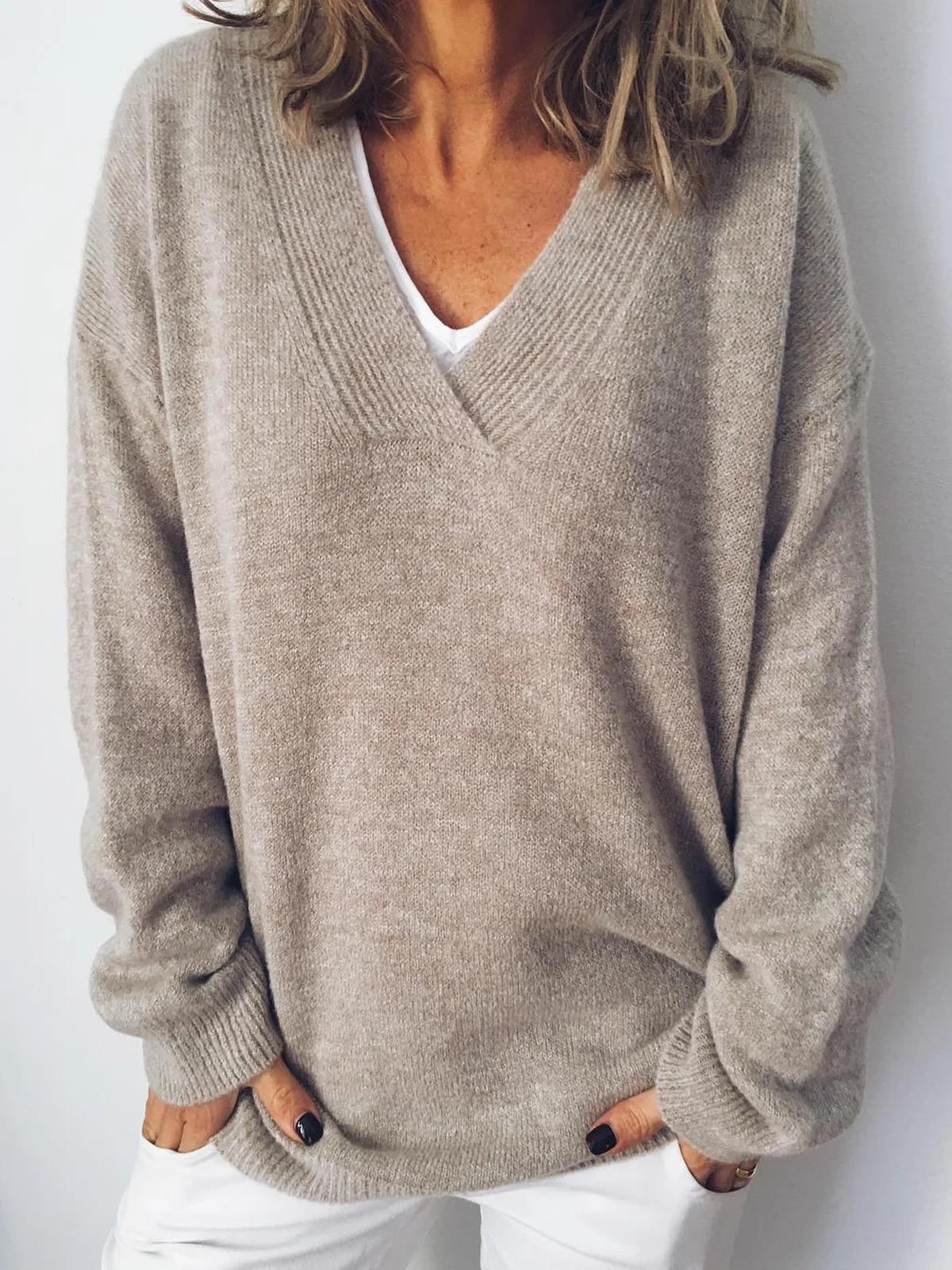 Apricot Casual V Neck Solid Long Sleeve Sweater
