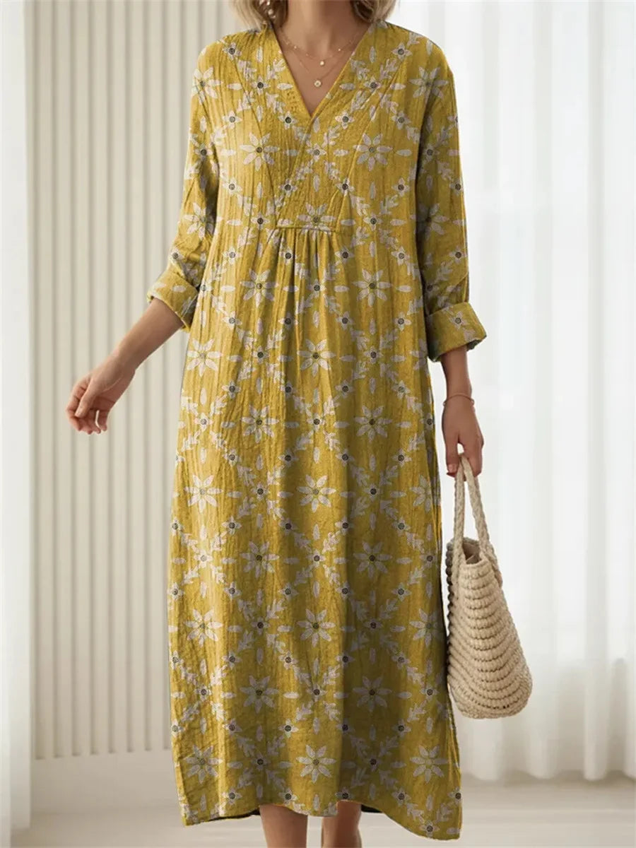 Women's Yellow Flowers Art Print V-neck Long Sleeve Dress