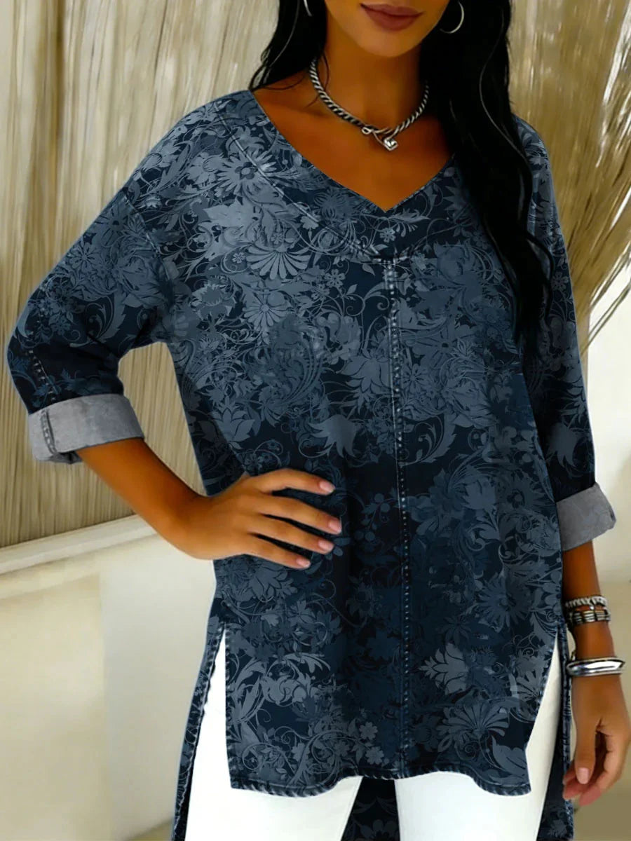 Elegant Floral Printed V-neck 3/4 Sleeve Shirt