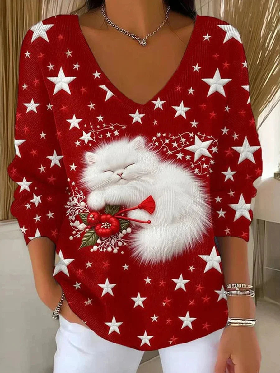 Christmas Cat Print V-neck Long Sleeve Sweater