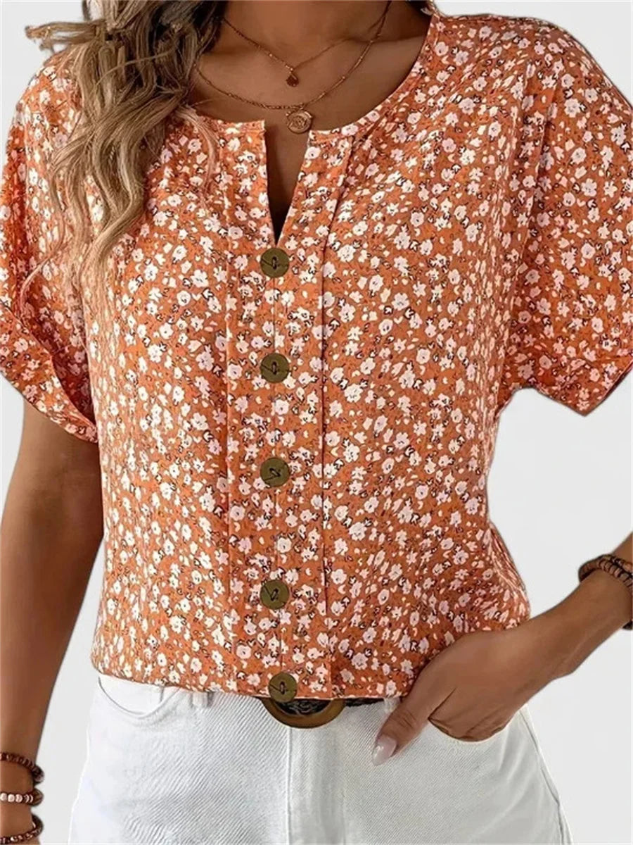 Ditsy Floral Print Button-Front Short-Sleeve Blouse
