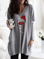 Cozy Christmas Red Wine Glass Print Pocket T-shirt