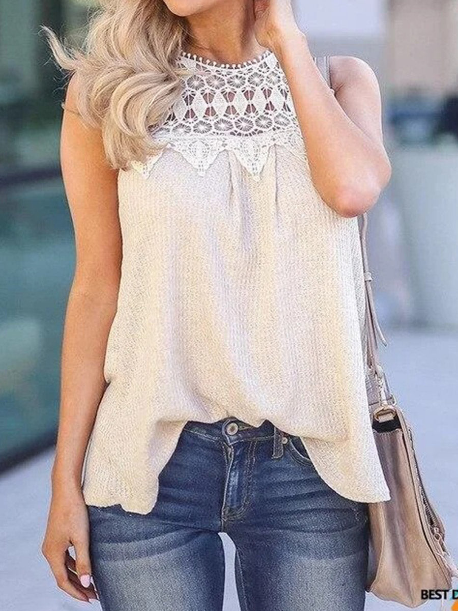 Round Neck Lace Patchwork Sleeveless Blouse