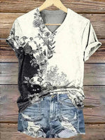 Vintage Floral Print V-neck Short Sleeve T-Shirt