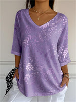 Women's Purple Floral Casual V-Neck 3/4 Sleeve T-Shirt