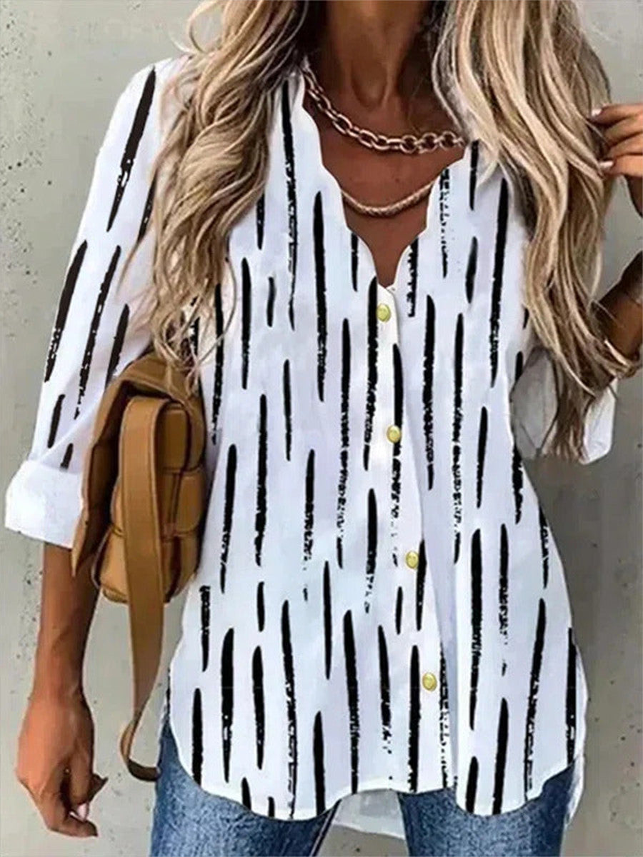 Women?ˉs Casual V Neck Button Front Stripe Print Long Sleeve Blouse