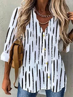 Women?ˉs Casual V Neck Button Front Stripe Print Long Sleeve Blouse