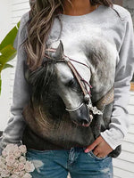 Multi Casual Graphic Tops Round Neck Long Sleeve Horse Printed Sweatshirt