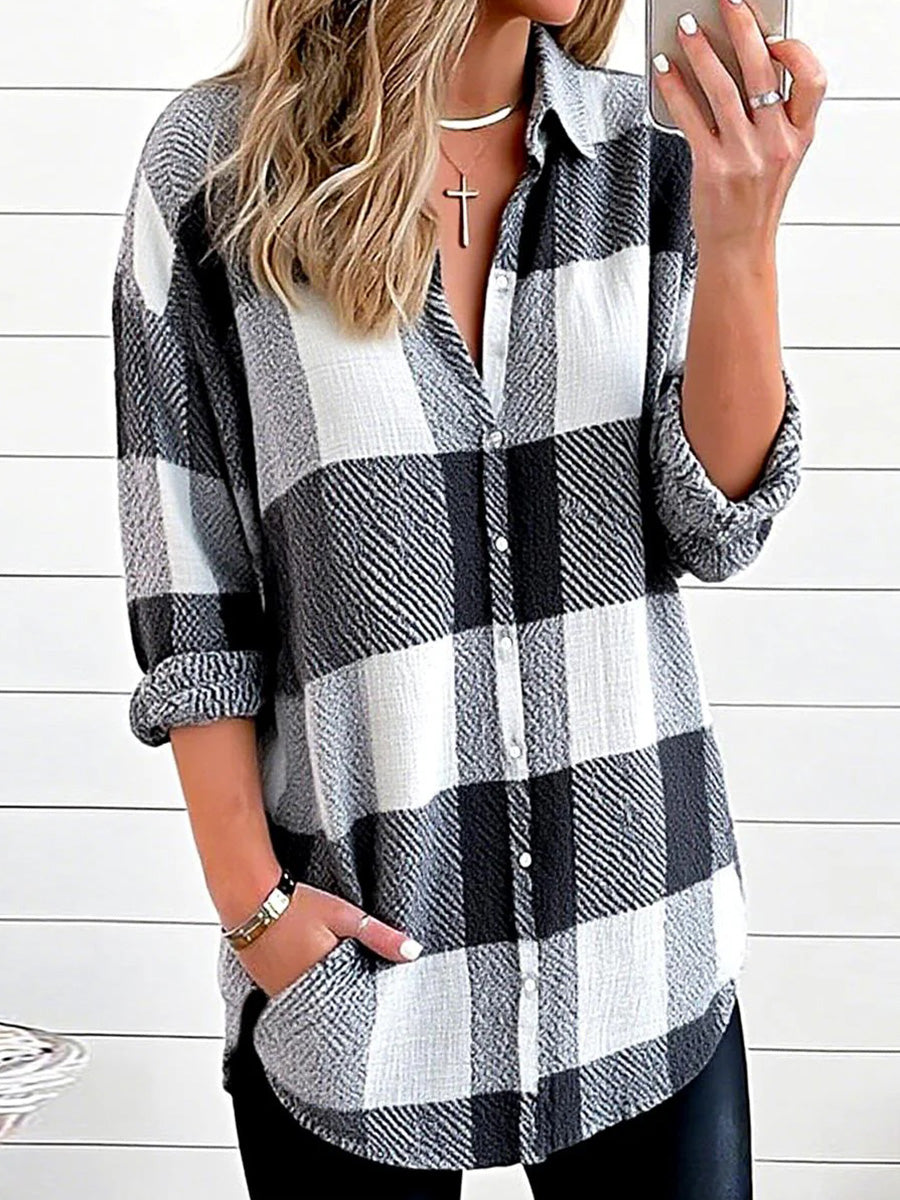 Black and White Check Print Collared Shirt