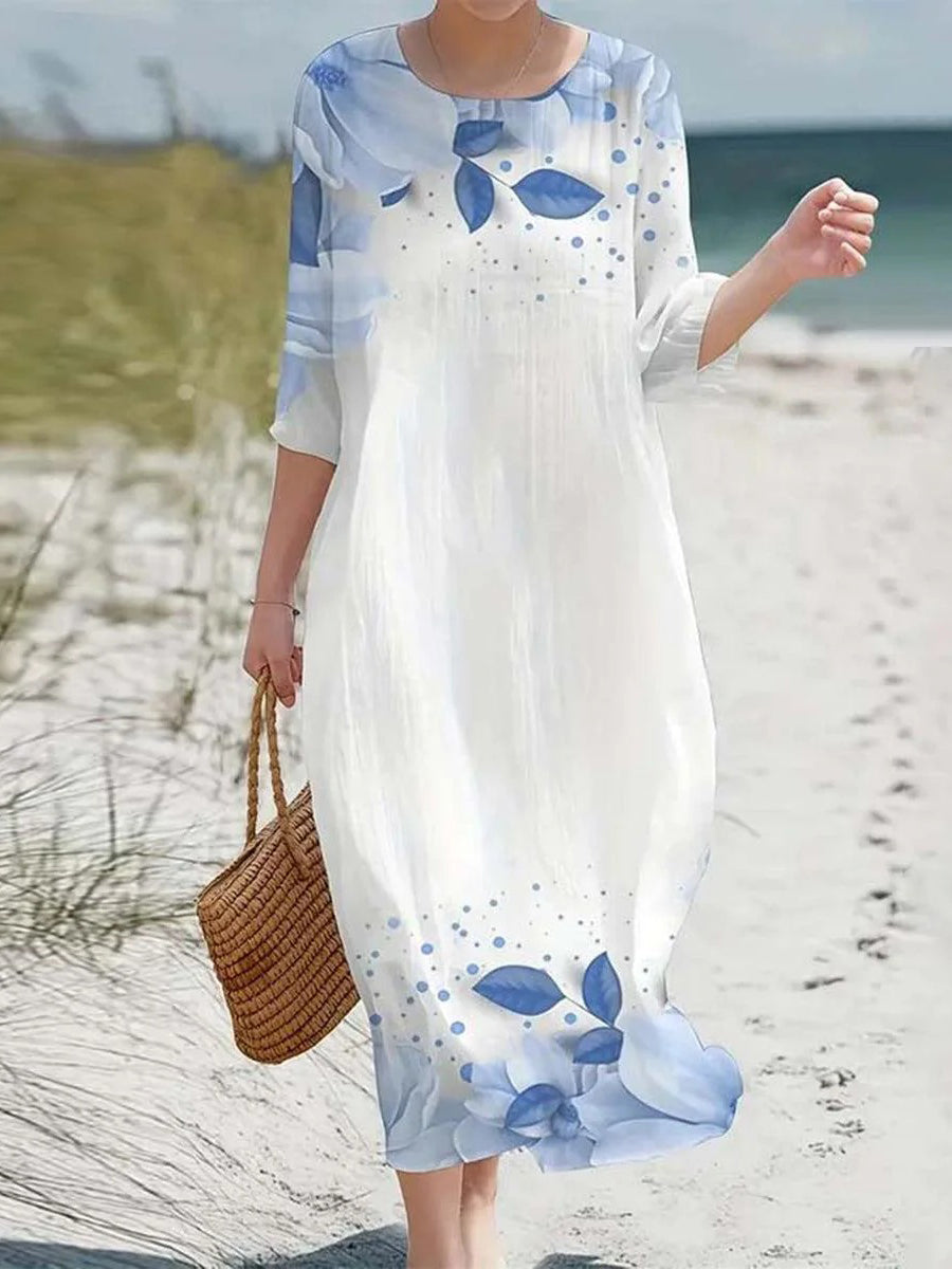 Casual Round Neck 3/4 Sleeve Maxi Dress