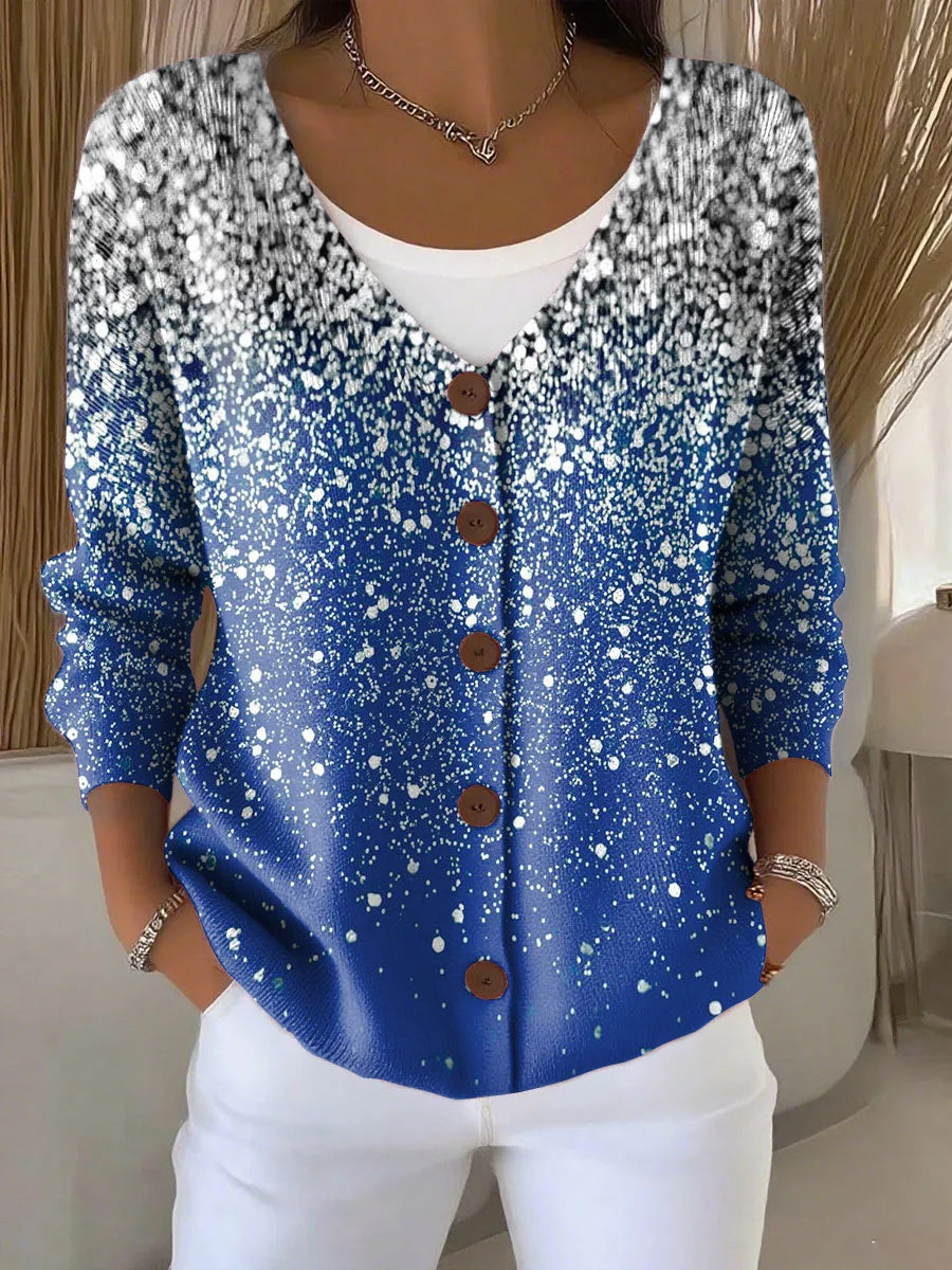 Christmas Snowflake Print Buttoned V-neck Long Sleeve Cardigan Sweater