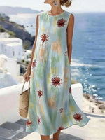 Romantic Tie Dye Floral Print Round Neck Sleeveless Midi Dress