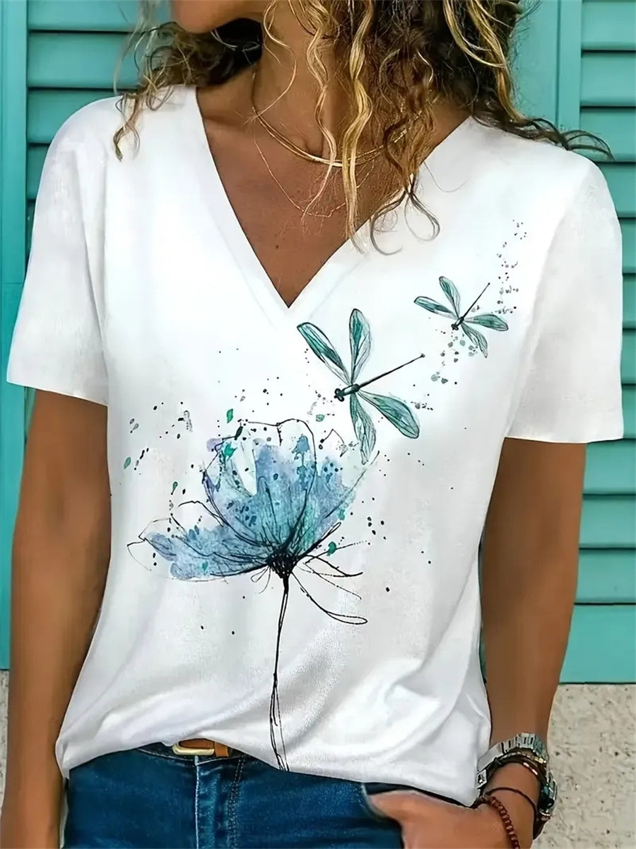 Women's Floral Print Casual V-Neck Short Sleeve White T-Shirt