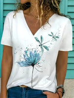 Women's Floral Print Casual V-Neck Short Sleeve White T-Shirt