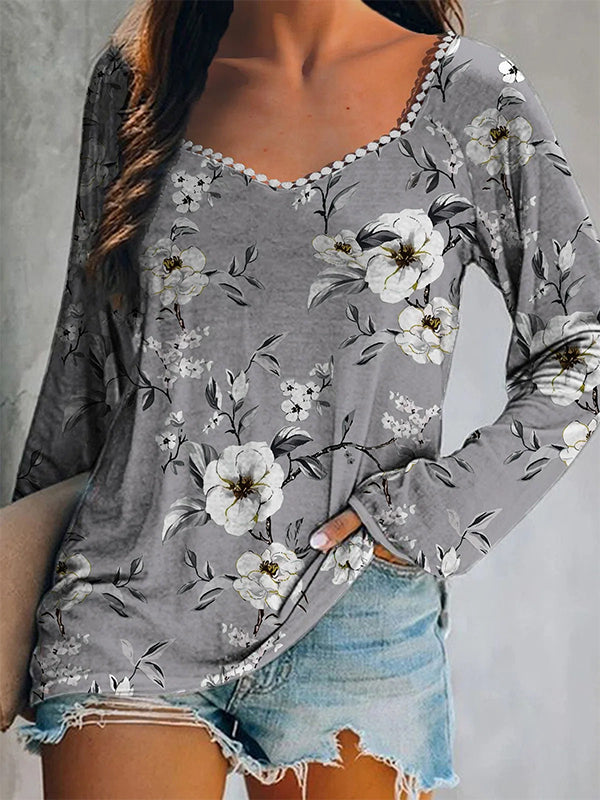 Gray Casual Tops V-neck Long Sleeve Floral Printed Sweatshirt