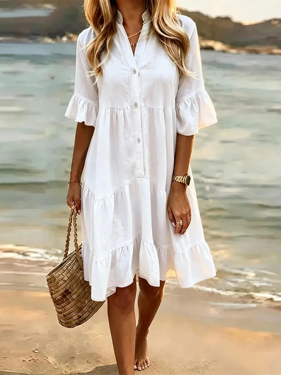 White Solid Ruffle Hem Short Sleeve Shirt Dress