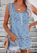 Blue Casual Graphic Tops Round Neck Butterfly Printed Sleeveless Tank