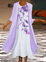 Purple Casual Round Neck Floral Printed Daily Dress