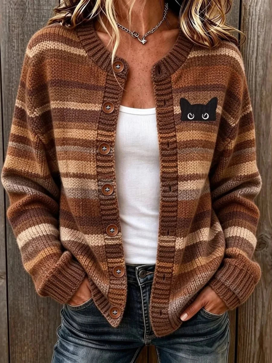 Women's Retro Black Cat Striped Print Crew Neck Long Sleeve Cardigan