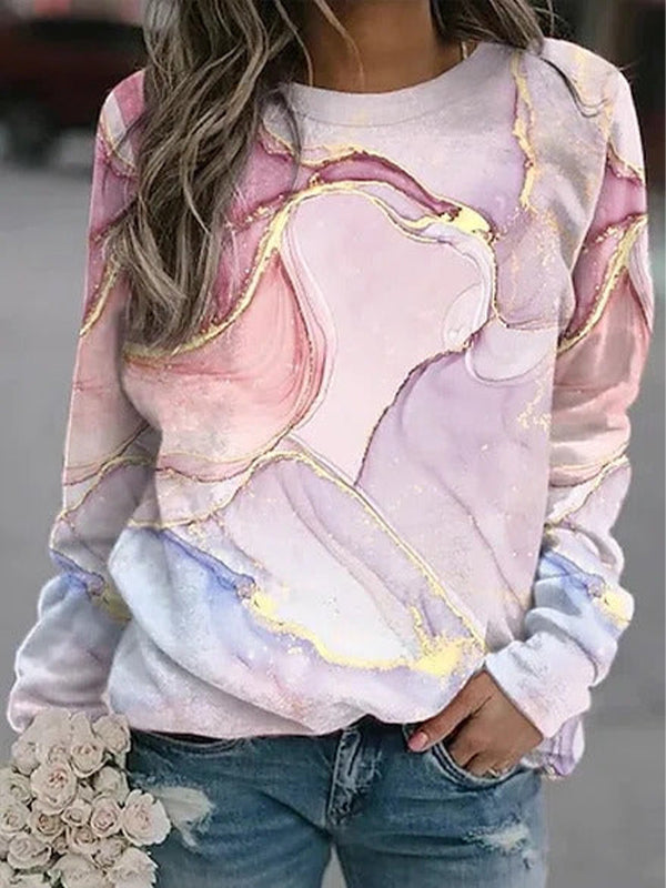Multicolor Casual Graphic Tops Round Neck Long Sleeve Marble Printed Sweatshirts