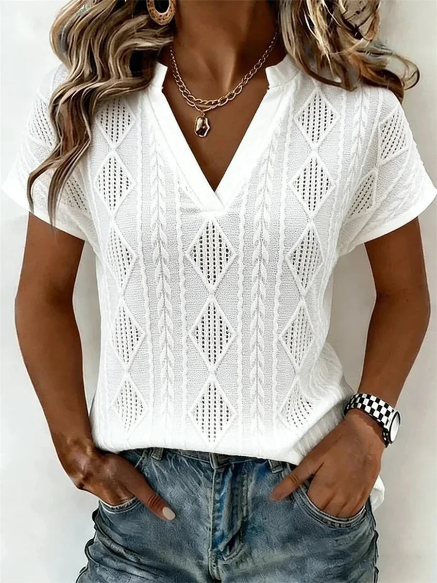 Elegant Plain V Neck Short Sleeve T-shirt