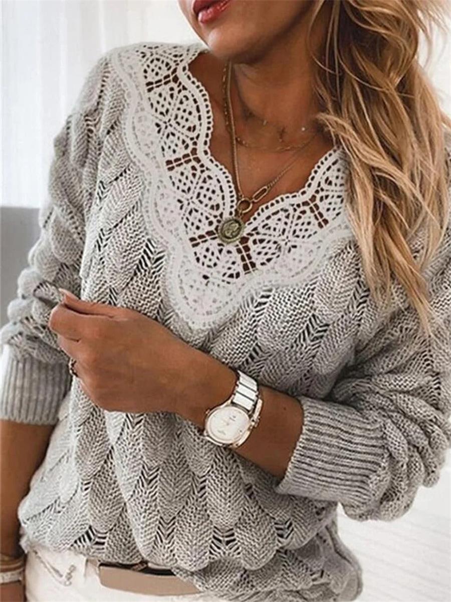 Light Gray Casual V Neck Solid Long Sleeve Sweater