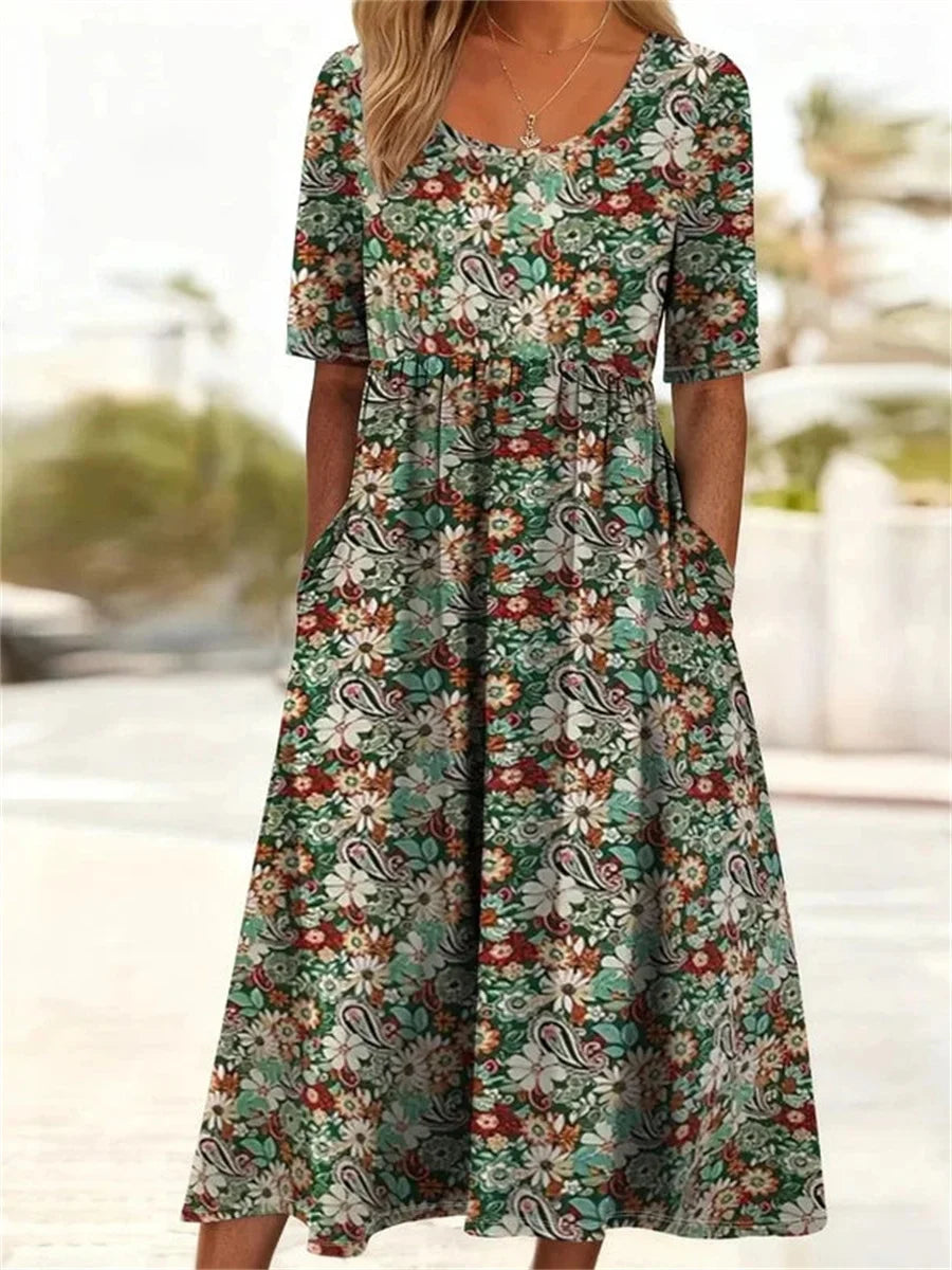 Vintage Floral Print Round Neck Short Sleeve Dress