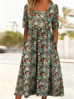 Vintage Floral Print Round Neck Short Sleeve Dress