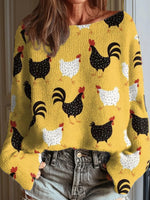 Women's Funny Chicken Art Print Casual Round Neck Long Sleeve Pullover Sweater