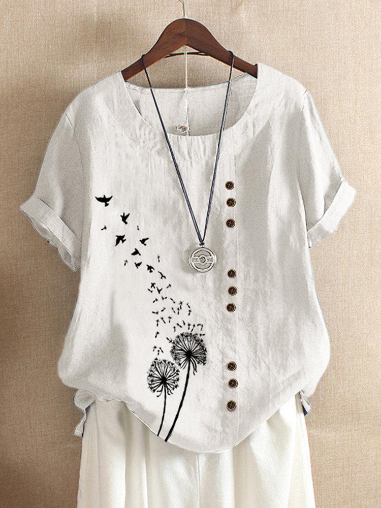 Dandelion Print Short Sleeve Button Blouse