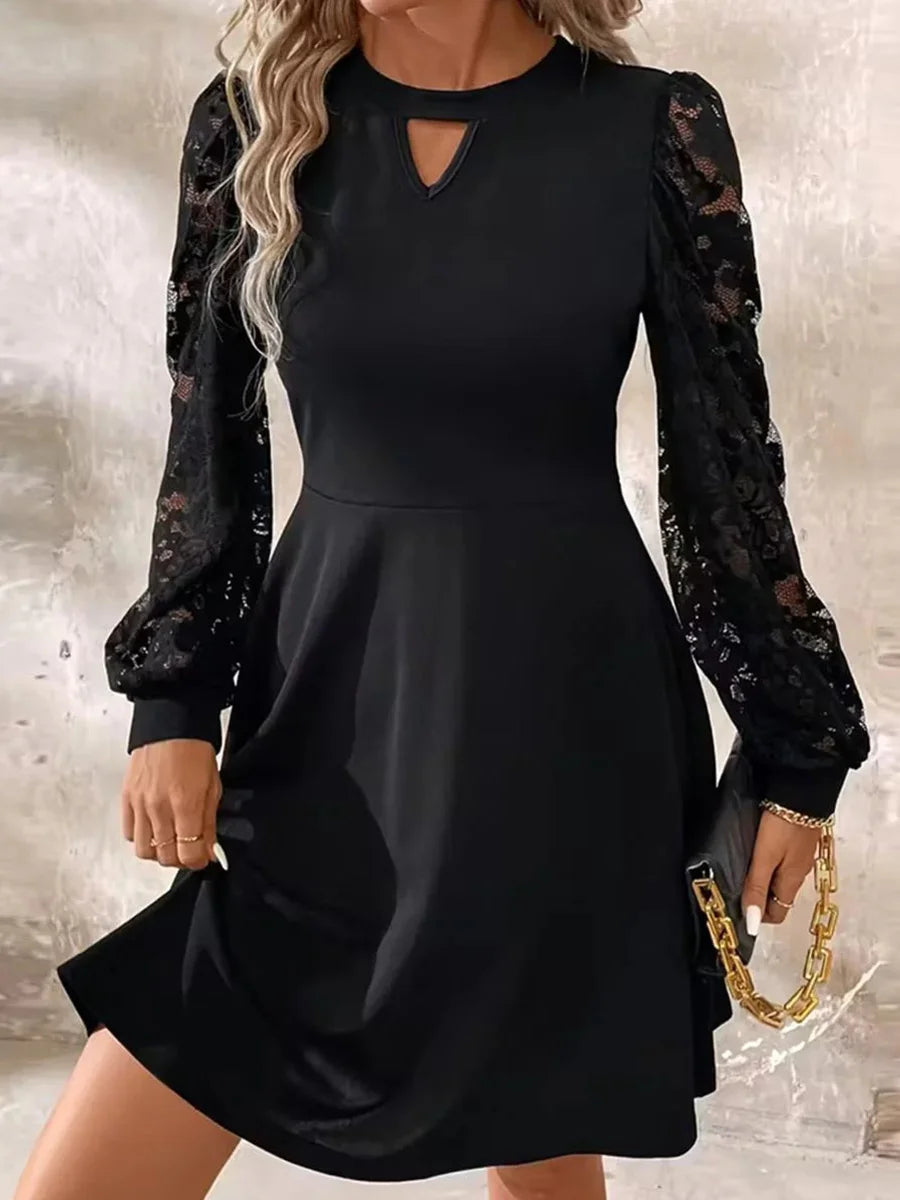 Black Keyhole Cutout Lace Long Sleeve Mini Dress