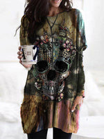 Multi Casual Graphic Tops Round Neck Long Sleeve Skull Printed with Pockets Halloween Sweatshirt
