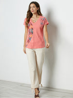Hot Coral Feather Print V-neck Short Sleeve Blouse