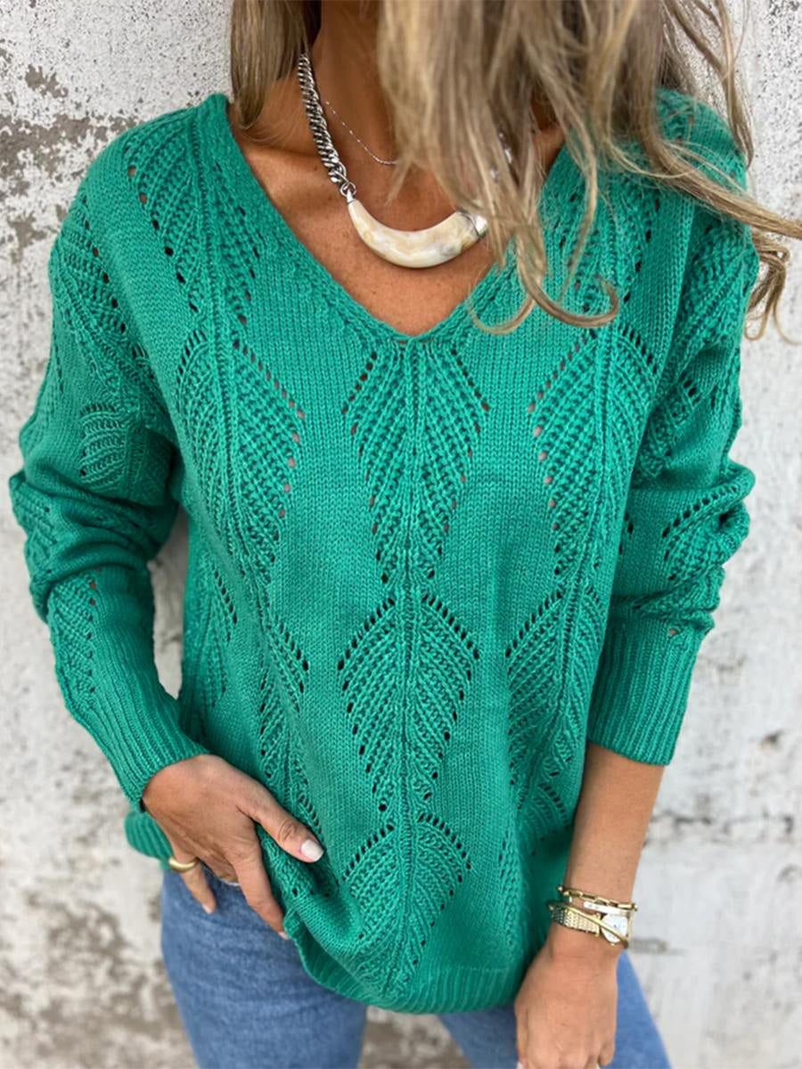 Green Plain V-neck Long Sleeve Sweater