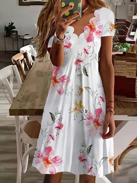 Women's Scallop Neck Floral Print Short Sleeve A-Line Summer Dress