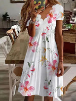 Women's Scallop Neck Floral Print Short Sleeve A-Line Summer Dress