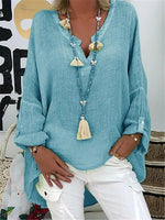 Casual Cotton Linen Solid Color V-Neck Long Sleeve Blouse
