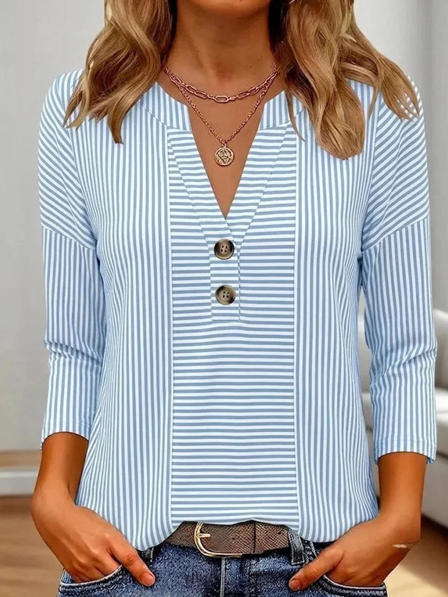 Blue Stripe Henley Neck 3/4 Sleeve Blouse