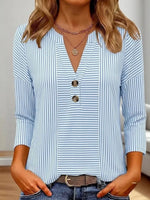 Blue Stripe Henley Neck 3/4 Sleeve Blouse