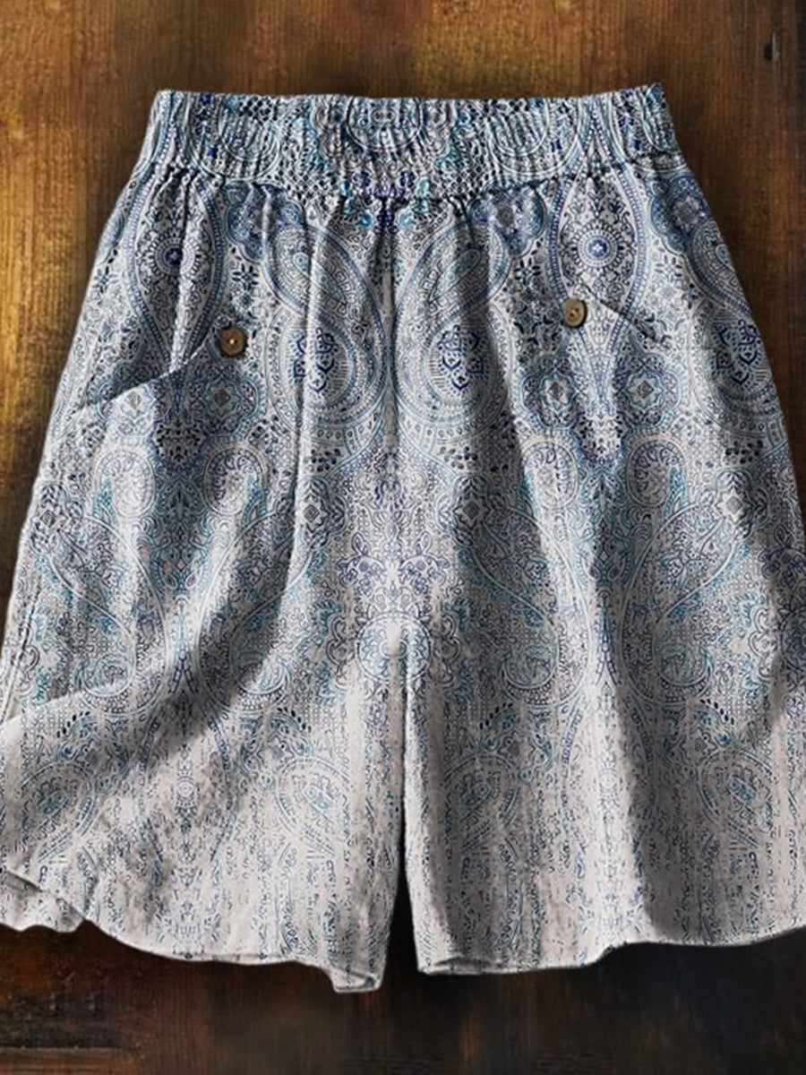 Women's Ethnic Gradient Paisley Art Printed Casual Pocket Shorts