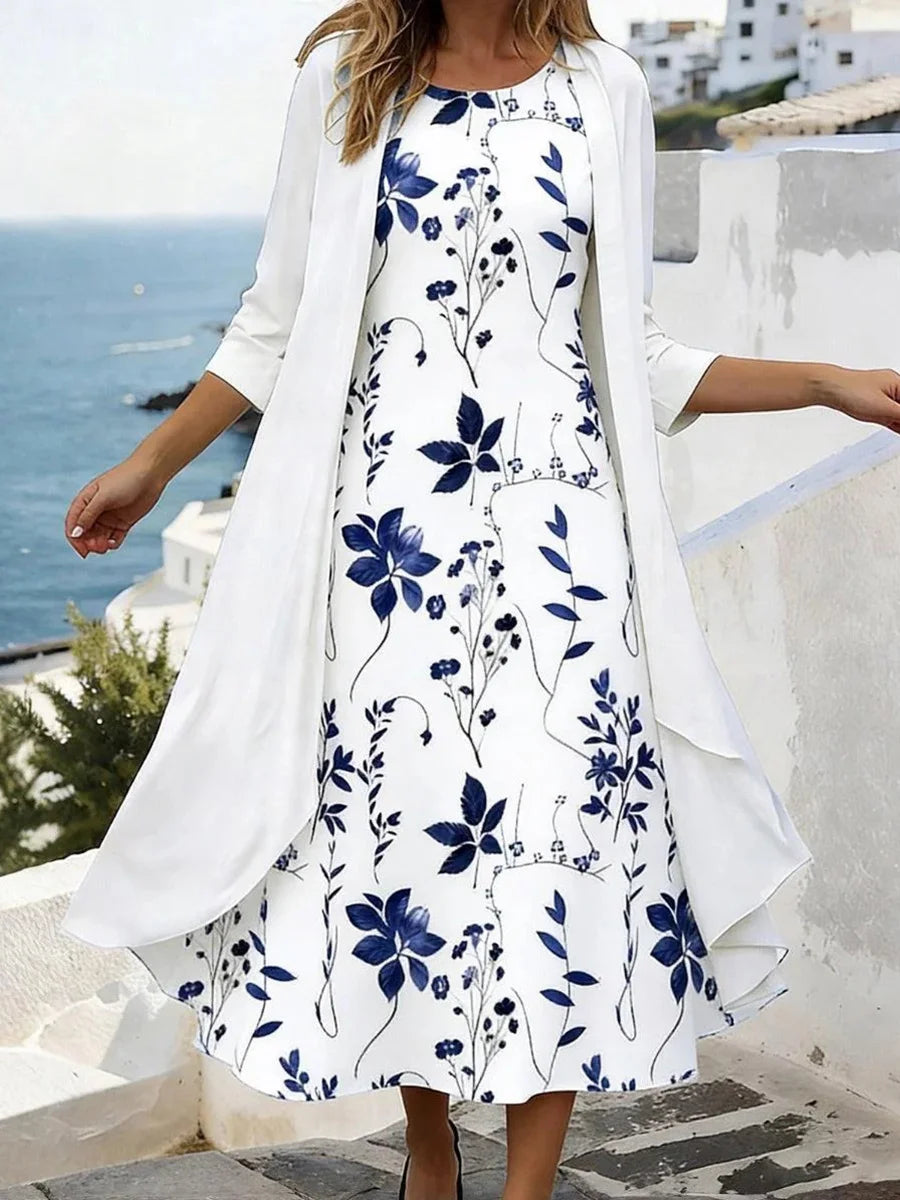 Romantic Floral Print Round Neck Maxi Dress With Jacket