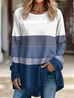 Stripe Print Crew Neck Long Sleeve Casual T-shirt