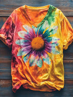 Vintage Floral Print V-neck Short Sleeve T-Shirt