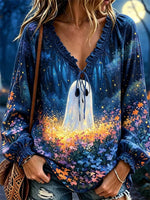 Women's Boho Ghost Print V-neck Long Sleeve Blouse