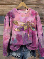 Vintage Dragonfly Print Round Neck Long Sleeve Sweatshirt