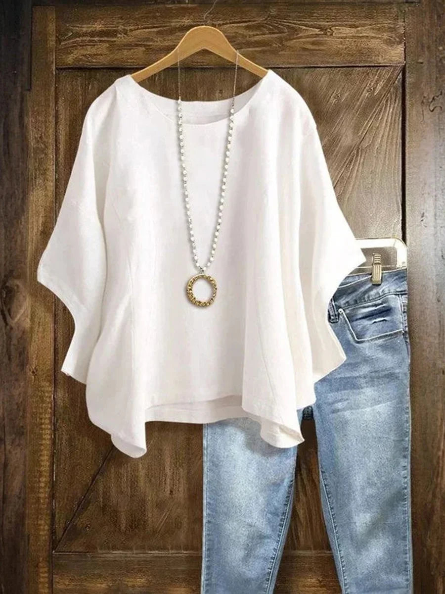 Solid Colour Casual Round Neck 3/4 Sleeve Blouse