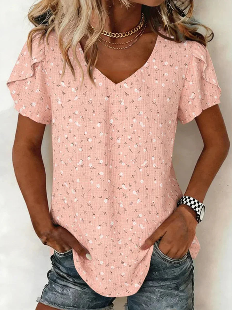 Vintage Floral Print V-neck Short Sleeve Blouse
